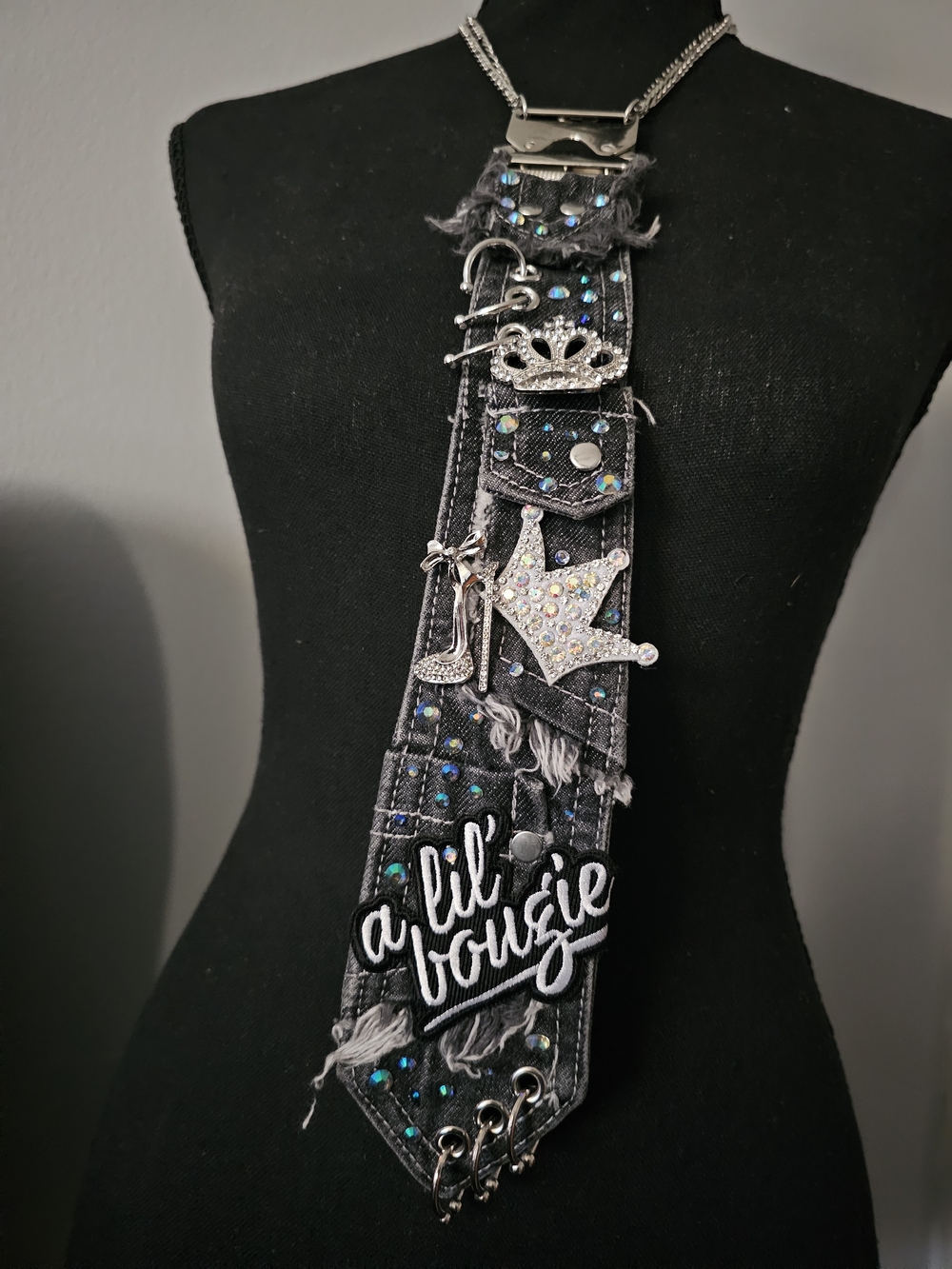 Embellished 'a lil' bougie' Black Denim Statement Necklace Tie